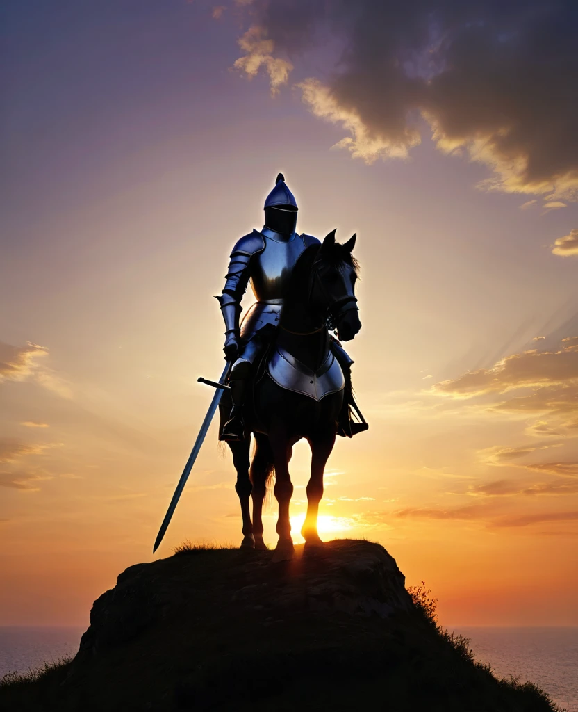 A knight with his sword at sunset