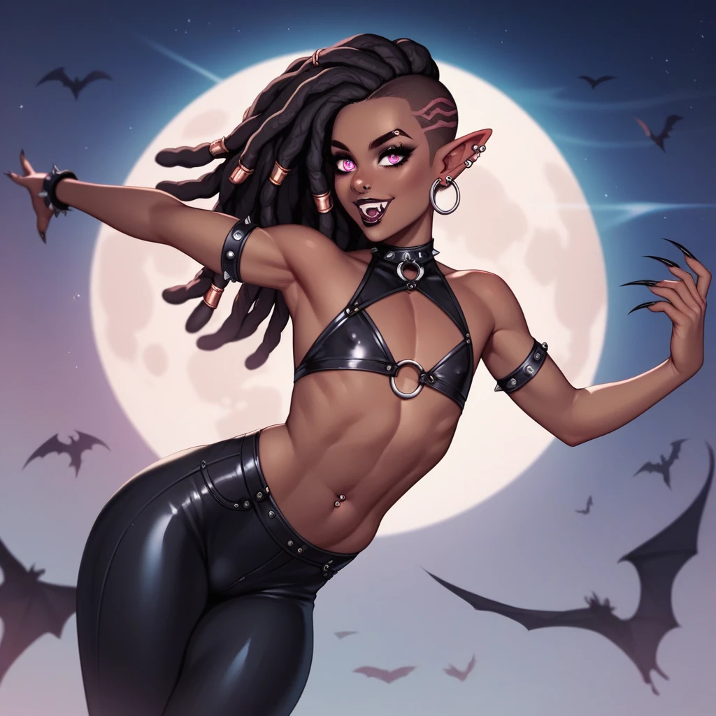 Best quality, highly detailed, ultra detailed, 1 brown skin boy, flat chest, male chest, slim curvy body, long pink dreadlocks, pink eyes, vampire, pointy ears, pierced ears, belly button piercing, septum piercing, nostril piercing, sharp nails, black lipgloss, goth, wearing black bodysuit, black tight pants, big butt, flying, full moon background