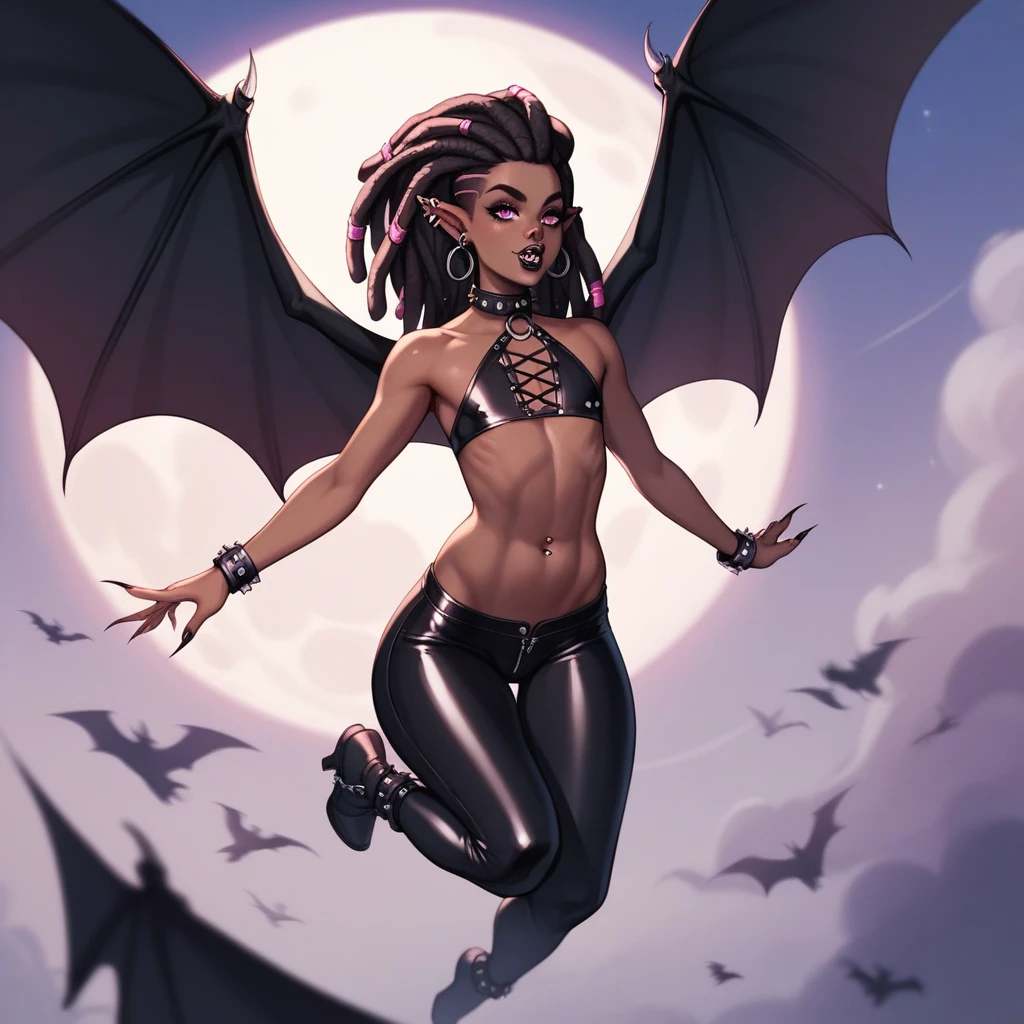 Best quality, highly detailed, ultra detailed, 1 brown skin boy, flat chest, male chest, slim curvy body, long pink dreadlocks, pink eyes, vampire, pointy ears, pierced ears, belly button piercing, septum piercing, nostril piercing, sharp nails, black lipgloss, goth, wearing black bodysuit, black tight pants, big butt, flying, full moon background, night sky