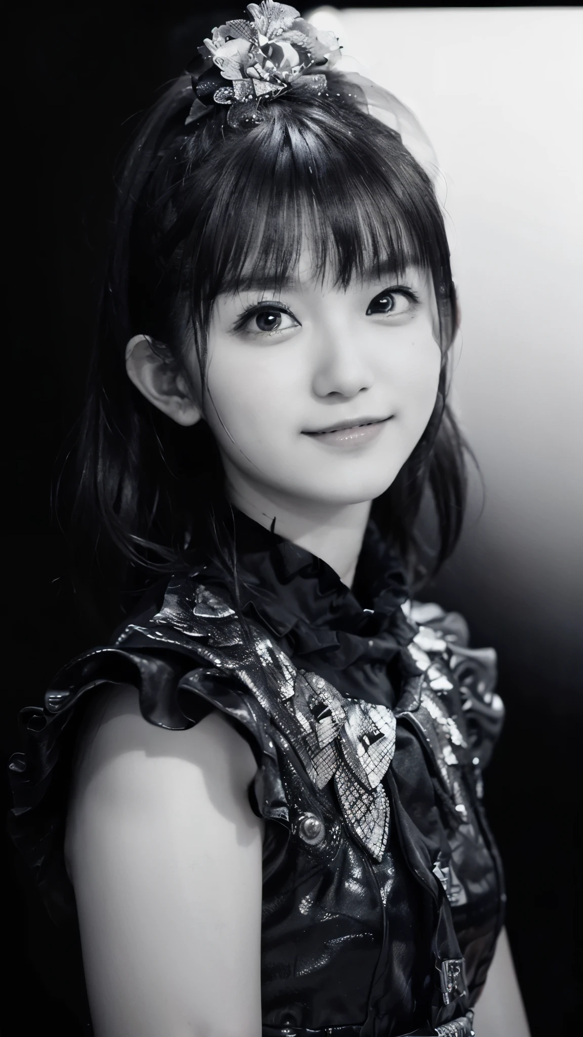 (masterpiece:1.2),(Highest quality:1.2),(Super detailed),(Ultra-high resolution),(Photorealistic Stick),(RAW Photos),8K,wallpaper,(((Black and white photography:1.3))),Backlight,(Written boundary depth),(Sophisticated lighting:1.1), (Improving cinematic lighting quality:0.9),Photo of a woman in a black dress by Babymetal,(Suzuka Nakamoto)((suzuka nakamoto:1.3)),whole bodyポートレート,(Eye light,Sharp pupils,Detailed eye drawing,)Very beautiful face,(Detailed skin texture:1.3),(Beautiful portrait:1.2),A lovely and delicate face,Beautiful young Japanese woman,front,((whole body:1.5)),((Black background:1.3)),(Flashy makeup),((smile))