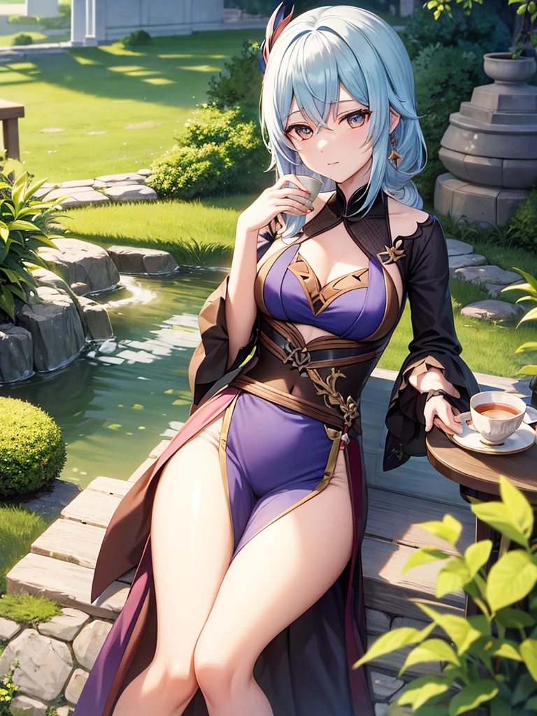 Wriotesley de Genshin Impact, drinking tea with a serene look forward