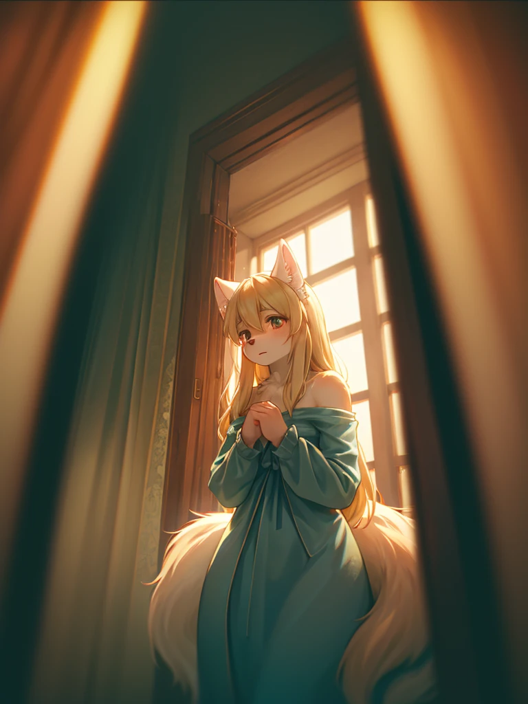 (ambiente dark:0.8),Masterpiece,High quality,abstract res,Digital painting\(artwork of a\), by Dagasi, Yupa,Kiyosan,(anthro,Fluffy fur,Character focus:1.1),anthro male cat,Short hair,Portrait , eyes with brightness, in a panoramic view, Character focus.(detailedbackground:0.7), 独奏, shaggy, shaggy male, malefocus, anthr,(Full Body Furry, Fluffy tail, Yellow fur, Green eyes, Gray hair:1.2), (long canines、Get up、hindquarters：1.2），（interiors、Morning、Morning erection、White bed：1.1）