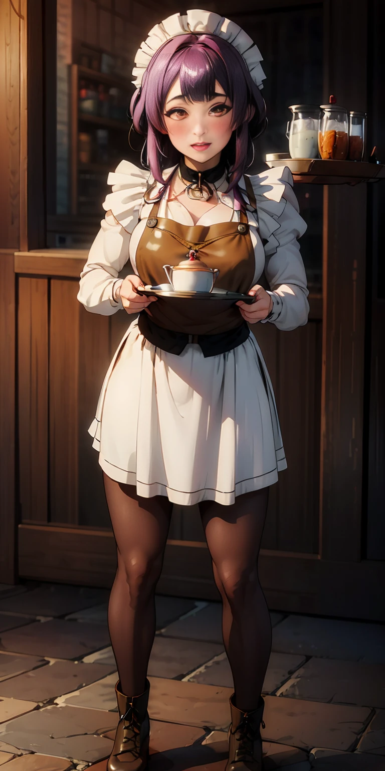 full body standing straight symmetrical, lustful smirking smile face red blush red cheeks, looking at viewer, holding tray, braid, maid headdress, maid, dress, apron, long sleeves, brown pantyhose, long leather militar boots, thighs, long white hair, masterpiece