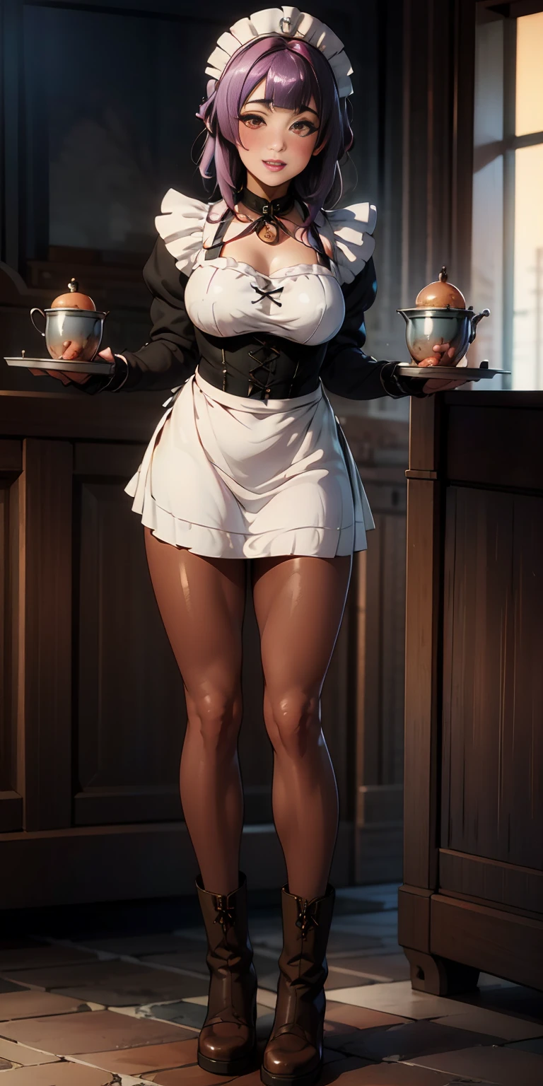 full body standing straight symmetrical, lustful smirking smile face red blush red cheeks, looking at viewer, holding tray, braid, maid headdress, maid, dress, apron, long sleeves, brown pantyhose, long leather militar boots, thighs, long white hair, masterpiece