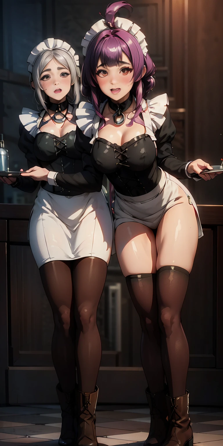 full body standing straight symmetrical, lustful smirking smile face red blush red cheeks, looking at viewer, holding tray, braid, maid headdress, maid, dress, apron, long sleeves, brown pantyhose, long leather militar boots, thighs, long white hair, masterpiece