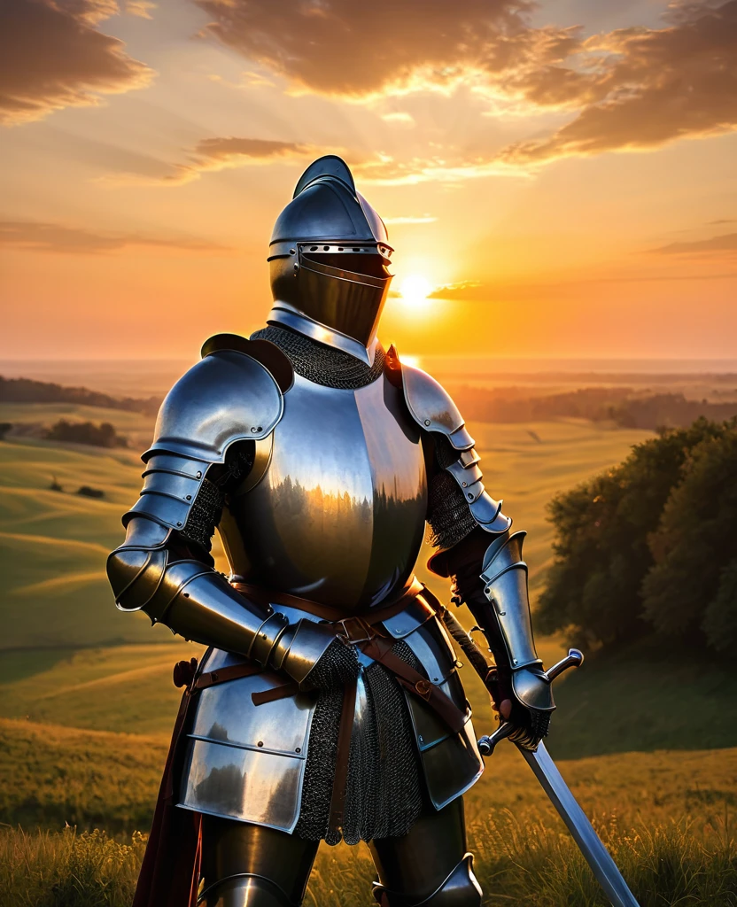 A knight with his sword at sunset