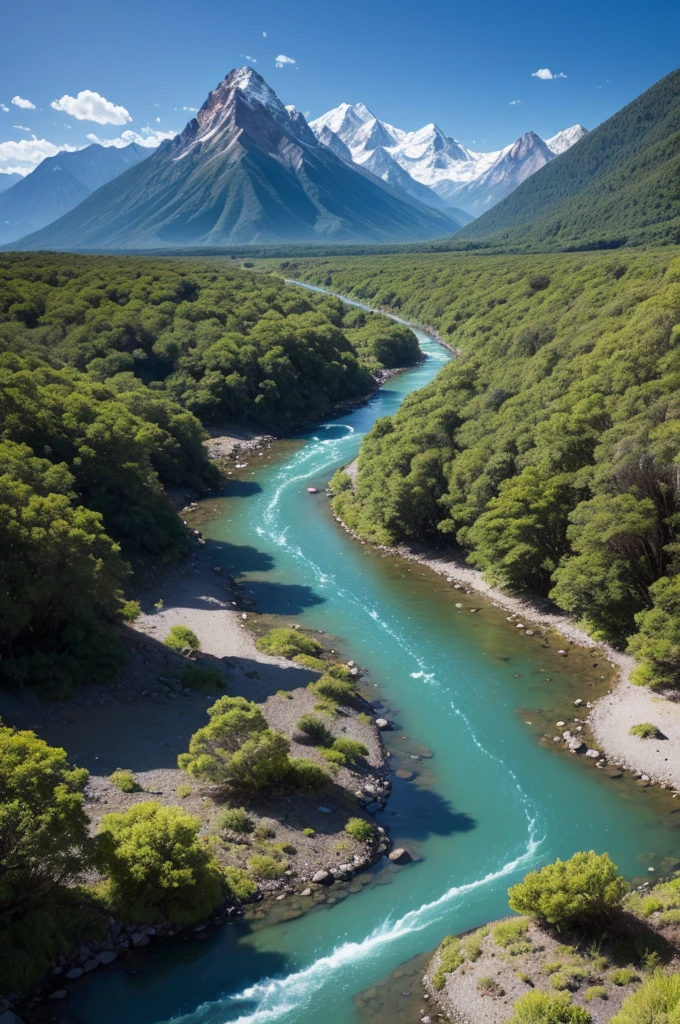 Mountains in the background with a gently winding river, with psychedelic araucarias