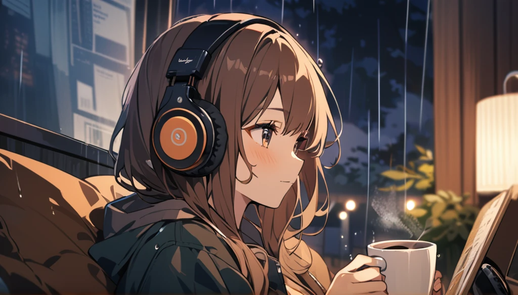 Girl wearing headphones,Drinking coffee while listening to jazz music,Brown Hair,relax,rain night