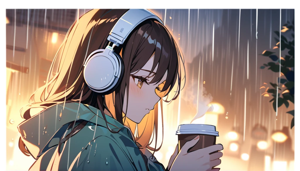 Girl wearing headphones,Drinking coffee while listening to jazz music,Brown Hair,relax,rain night