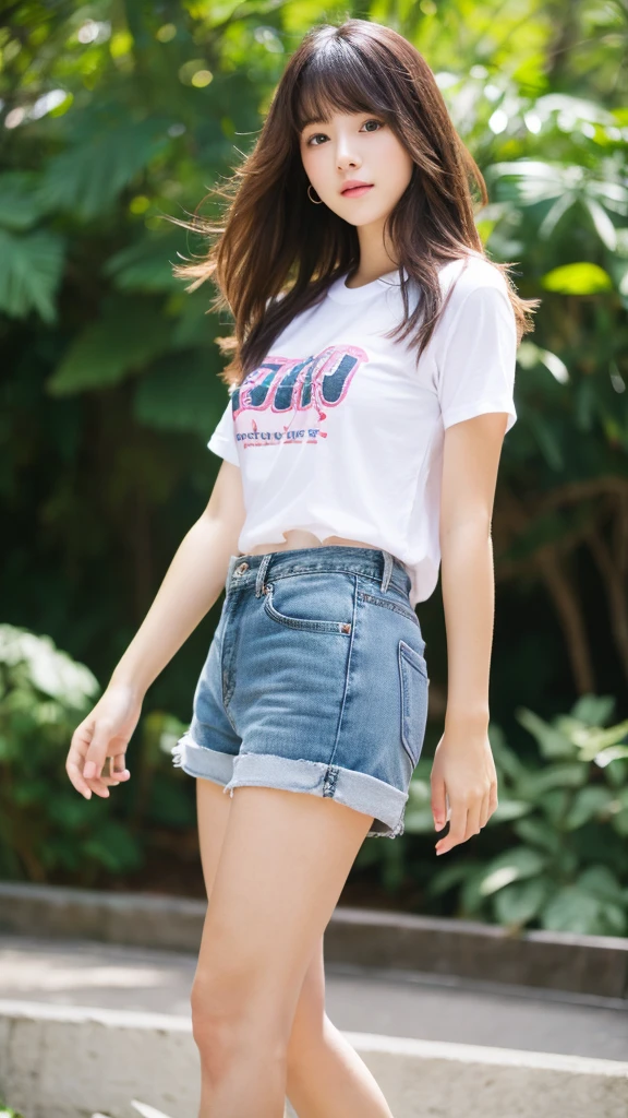 (top-quality、16K resolution) 1 girl、solo、natural soft light、Looking at the camera、sexy T-shirt、Concrete background、Facing the front、is walking、long hair、Woman in her late teens、Light bangs、short-hair、Salon model、Natural look、portlate、floated hair、Rolled hair, sexy blue jean, pink shoes, background forest,big breast , full body, sexy legs