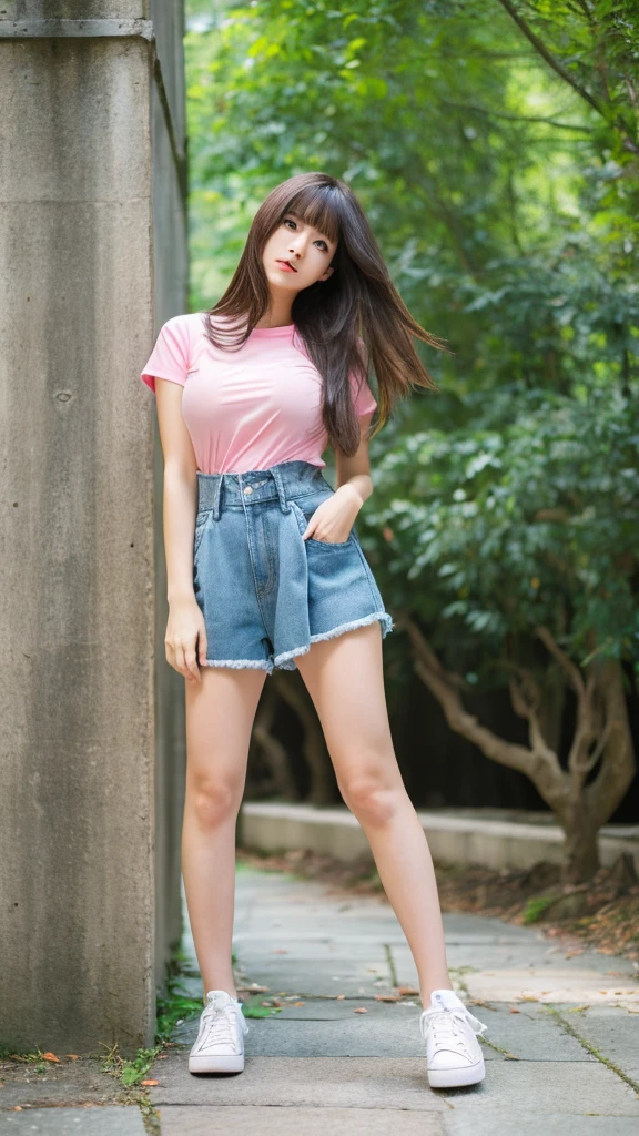 (top-quality、16K resolution) 1 girl、solo、natural soft light、Looking at the camera、sexy T-shirt、Concrete background、Facing the front、is walking、long hair、Woman in her late teens、Light bangs、short-hair、Salon model、Natural look、portlate、floated hair、Rolled hair, sexy blue jean, pink shoes, background forest,big breast , full body, sexy legs