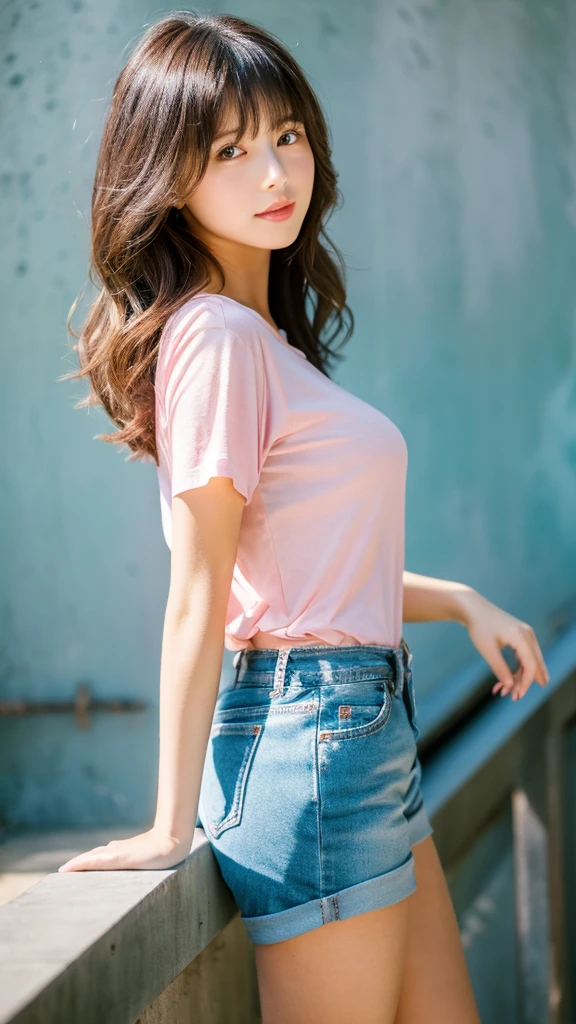(top-quality、16K resolution) 1 girl、solo、natural soft light、Looking at the camera、sexy  T-shirt、Concrete background、Facing the front、is walking、long hair、Woman in her late teens、Light bangs、short-hair、Salon model、Natural look、portlate、floated hair、Rolled hair, sexy blue jean, pink shoes, background forest,big breast , full body, sexy legs