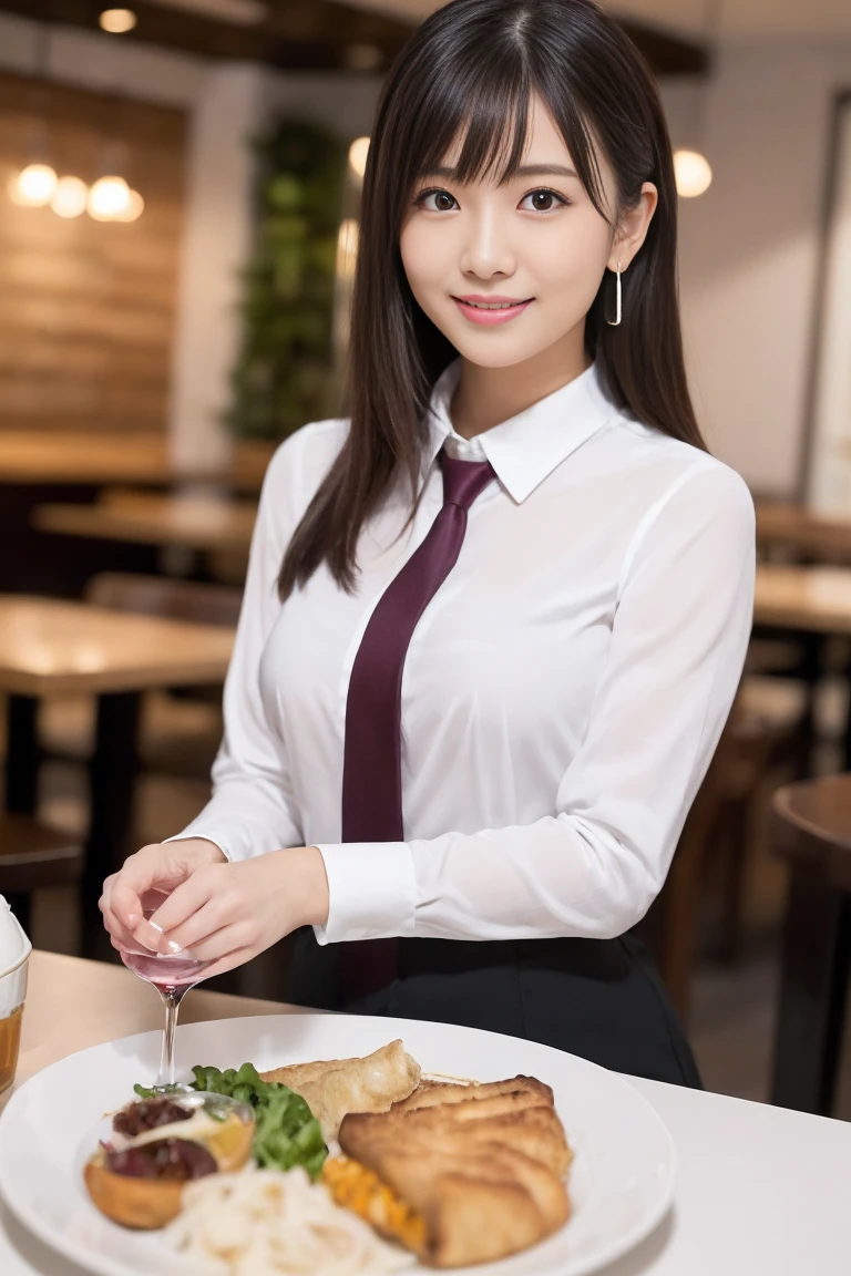 （masterpiece）、(Highest quality:1.5)、(Photorealistic:1.2)、(Surreal), (High resolution), (Realistic), (Post-processing),(Sharp focus), Sharp focus:1.2,Backlight, (Improvement of quality:1.4), (Narrow waist)、Big Ass、((Perfectly detailed five-fingered hands)),（Anatomically correct body）、((1 female:1.4))、Japanese、Realistic Skin、（Small chest：1.4）、Bust size is A cup、Pretty woman with perfect figure:1.4,(from the front:1.5), (Enhances the beauty of skin texture:1.1),No makeup、美しいBlack Hair、The best smile、Natural color lip、(Small Mouth:1.4)、The mouth is not open、Thick lips、(Oval Face)、Even bangs、Hide eyebrows with bangs、((33-year-old woman))、Bob Hair、Hair blowing in the wind, (Black Hair, Iris, Watery eyes, Shining Eyes, Bob Cut Hair, Small earrings,), Hair behind the ear、No makeup、(Drooping eyes)、(((One lovely woman)),((A big friendly smile)),(( Small breasts,Small breastsの谷間)),((((Plump Cheeks)))),((whole body：1.５)),very cute,(Baby Face),高級restaurantで、full-course dinner、Wine Party、Bright image、The beauty of wine, Beautiful Face, red wine 、Appetizers、Italian food、Wine bottle、Champagne、sparkling wine、(slimな顔), (The body is slim),restaurant, White wine, slim, wine glass, 中央に置かれたwine glass, Beautiful fine grain, Depth f/2,saturation, High Contrast, Strong light and shadow,Moist Body:1.5、3D texture、Delicate eyes、((In front of the food on the table：1.5)）、White collar shirt and tie、erious expression、