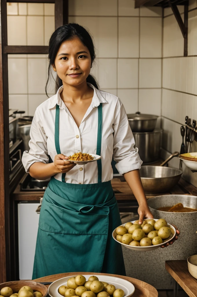 A woman with a plate of huancaina potatoes 
