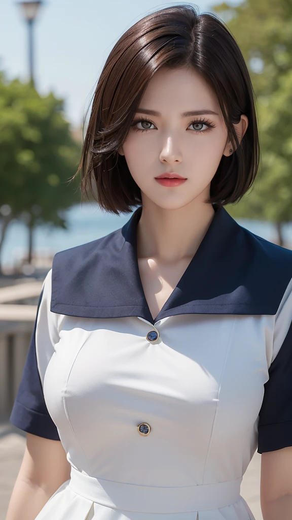 (Highest quality, 4K, masterpiece :1.3), Beautiful woman, 1 Girl, (chest, Attractive body :1.2), JK:1.1, Dark brown hair: 1.1, Sailor suit, Highly detailed face, Lip details, Beautiful Eyes, double eyelid、short hair、