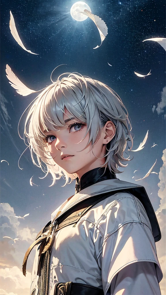 (BOY \(student, , JK, short flowing silver hair, cosmic colored eyes, black , pale skin, tired face with no sparkle in the eyes\) is looking at the sky), (with falling wing feathers), beautiful sky, beautiful clouds, colorful summer flowers blooming here and there, (crystal clear bubbles shining through prisms here and there in the sky), there is a daytime moon and daytime stars in the sky , BREAK ,quality\ ( 8k, highly detailed CG unit wallpaper, masterpiece, high resolution, best quality, high quality genuine leather texture, highly realistic, resolution enhancement, RAW photo, best quality, highly detailed, wallpaper, cinematic lighting, ray trails, golden ratio\) , long-range shot