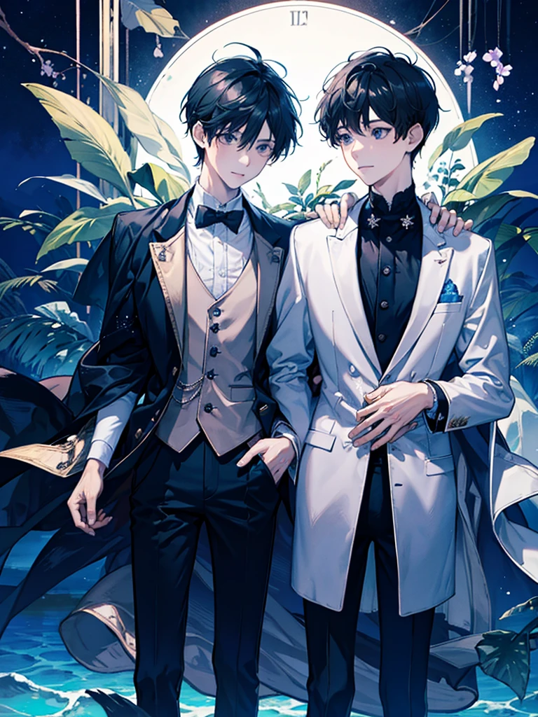 two boys watching the sea from a bridge together at a Starry beautiful night with falling stars and shining moon along with the sea water glowing from the moon shine, one boy looking at the other boy, both boys wondering, chill sensation, calm, quite, serene, beautiful perfect illustration, half body, elegant look, wearing blazers and ties, formal outfits, extravagant, upper body shot, one boy looking at the viewer