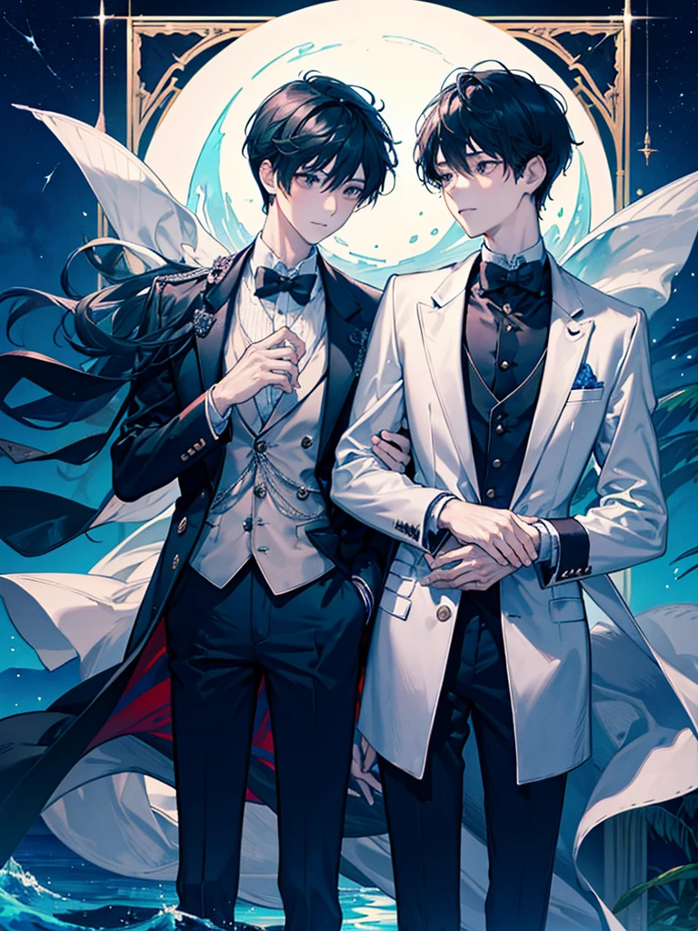 two boys watching the sea from a bridge together at a Starry beautiful night with falling stars and shining moon along with the sea water glowing from the moon shine, one boy looking at the other boy, both boys wondering, chill sensation, calm, quite, serene, beautiful perfect illustration, half body, elegant look, wearing blazers and ties, formal outfits, extravagant, upper body shot, one boy looking at the viewer