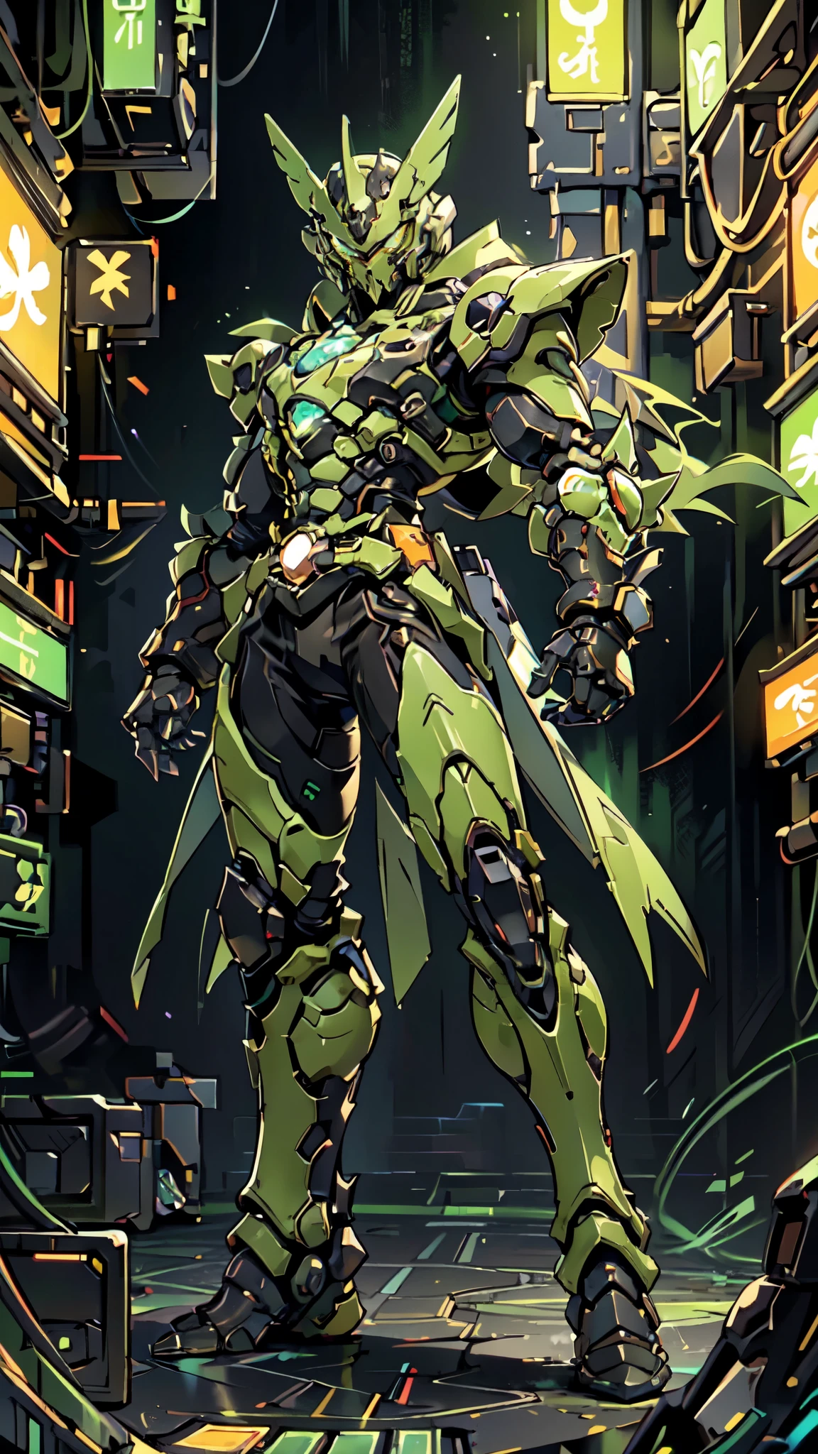 (masterpiece:1.5, best quality:1.5, extremely delicate:1.5, foreshortening:1.5, dynamic angle:1.5), a man wearing a full-face helmet, a fantasy-style biotech armored combat suit, green eyes, (a composite layered chest armor), fully enclosed shoulder guards, matching arm and leg guards, the belt is adorned with neon circuitry, (the color scheme is primarily black glow with green and red accents), the design balances heavy with agility, a high-tech bio-mecha armor, (Armor Concept Inspired by neon Cyberpunk, stand on the top of a skyscraper in a futuristic sci-fi city), this character embodies a finely crafted fantasy-surreal style armored hero in anime style, exquisite and mature manga art style, (element, plasma, energy, the armor glows), ((male:1.5)), metallic, high definition, highres, ultra-detailed, ultra-fine painting, professional, perfect body proportions, golden ratio, anatomically correct, symmetrical face, extremely detailed eyes and face, high quality eyes, creativity, RAW photo, UHD, 32k, Natural light, cinematic lighting, masterpiece-anatomy-perfect