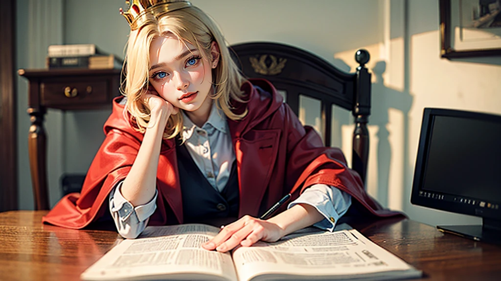(Masterpiece: 1.2, Best Quality), Realistic, (Realistic Picture, Complex Details, Depth of Field), Best Quality, Masterpiece, Highly Detailed, Semi Realistic, 1 Girl, Mature Female, 21 Years Old, Blond Short Hair, Left Eye Covered with Hair, Blue Eyes, King's Clothes, Red Cloak, Slim Figure, Crown Made of Precious Gold, Reading and Marking Documents, Goose Hair Pen, Office Table, Soft Bench