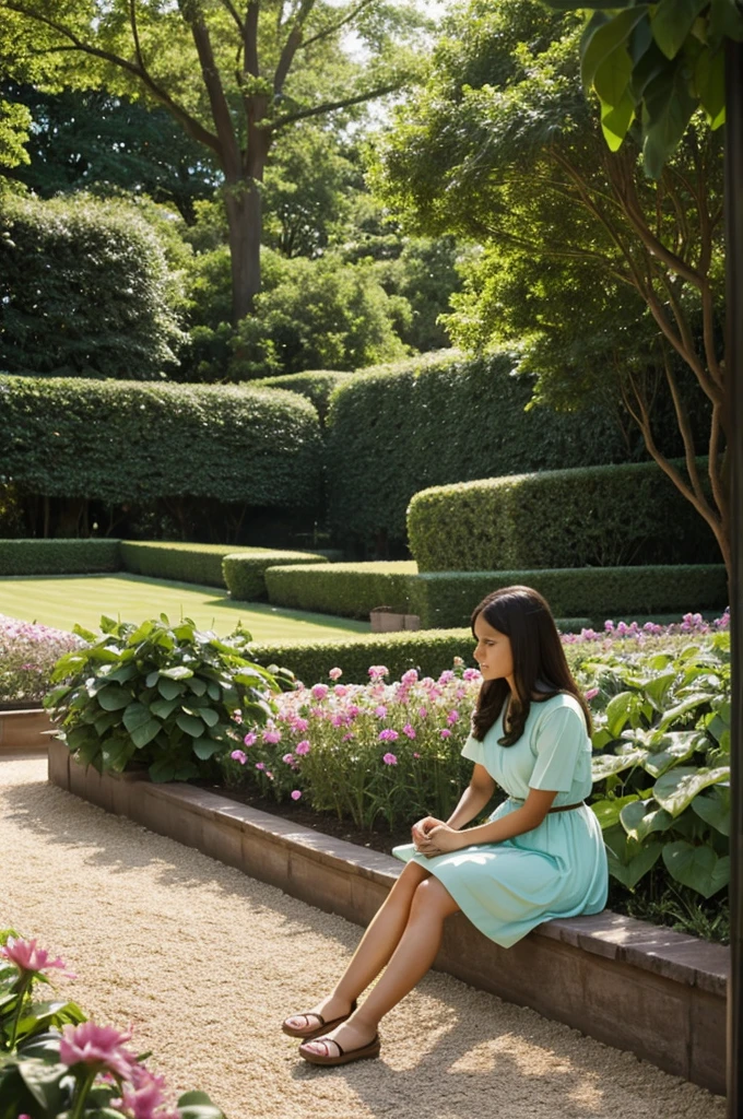 A girl sit into the garden of lilly