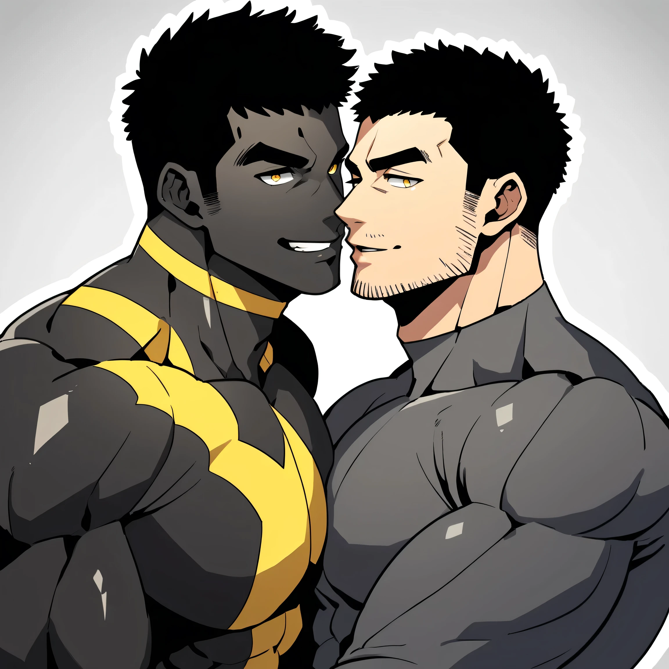 anime characters：Two superheroes in tights, Muscle superhero, negro black skin, They hugged and kissed each other, Bite your neck, Caress, Manliness, male focus, Yellow and black high collar long sleeve tight T-shirt, Slightly transparent material, Very tight, Round, full and perky chest muscles, Muscle waist, Slightly transparent, muscular male, muscular, only, Upper body, alone, Black short hair, Thick eyebrows, stubble, Yellow eyes, Grey background, simple background, amazing quality, best aesthetics, Ridiculous, bright pupils, crew cut, parted lips, seductive smile, torogao, naughty face, drop shadow, best quality