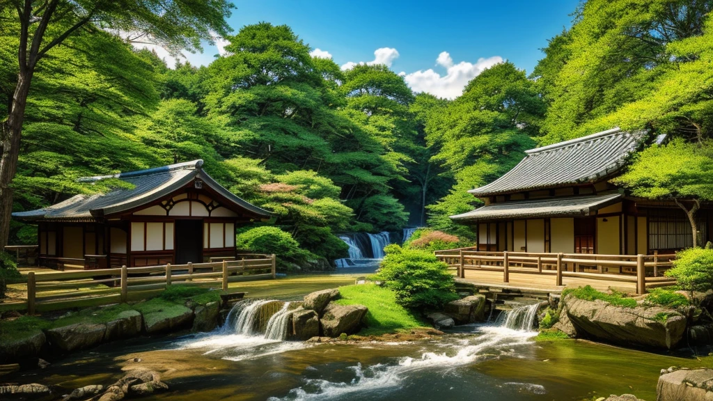 there is a painting of a waterfall and a house in the woods, beautiful anime scenery, anime scenery concept art, anime scenery, anime landscape, anime countryside landscape, anime background art, beautiful anime scene, detailed scenery —width 672, japanese town, anime beautiful peace scene, japanese village, scenery artwork, traditional japanese concept art, japanese art style, anime landscape wallpaper