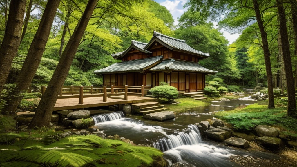 there is a painting of a waterfall and a house in the woods, beautiful anime scenery, anime scenery concept art, anime scenery, anime landscape, anime countryside landscape, anime background art, beautiful anime scene, detailed scenery —width 672, japanese town, anime beautiful peace scene, japanese village, scenery artwork, traditional japanese concept art, japanese art style, anime landscape wallpaper