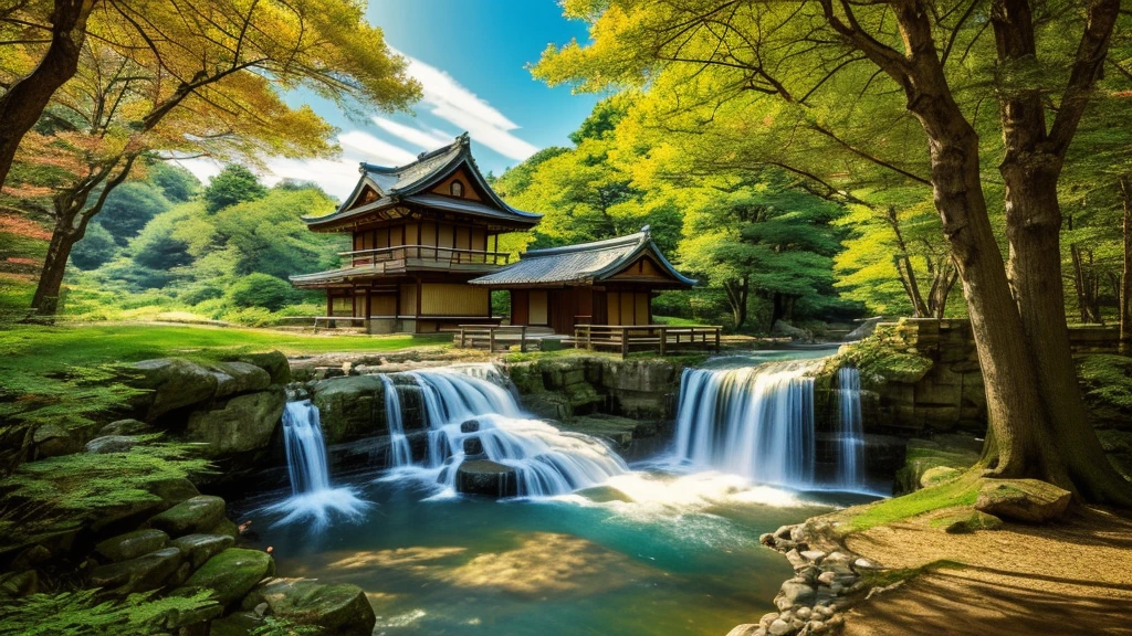 there is a painting of a waterfall and a house in the woods, beautiful anime scenery, anime scenery concept art, anime scenery, anime landscape, anime countryside landscape, anime background art, beautiful anime scene, detailed scenery —width 672, japanese town, anime beautiful peace scene, japanese village, scenery artwork, traditional japanese concept art, japanese art style, anime landscape wallpaper
