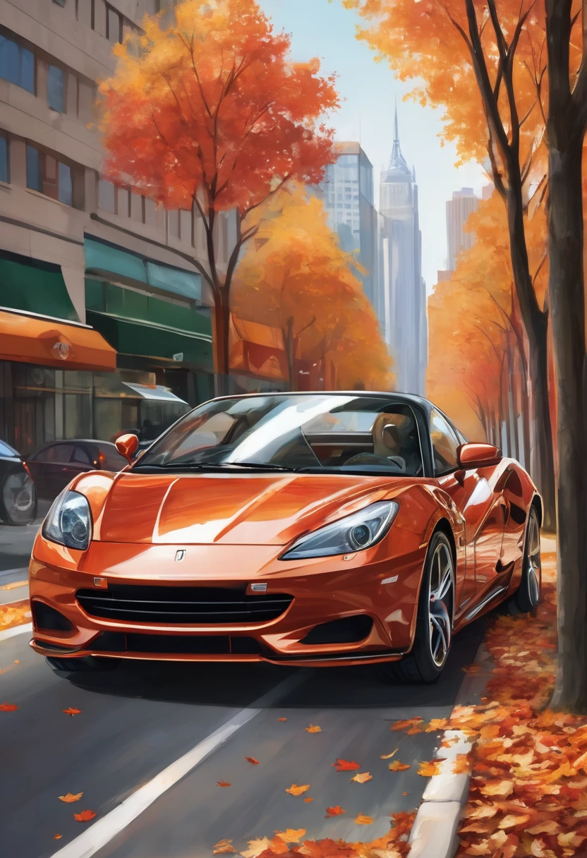 Create a detailed and realistic illustration of a high-performance sports car parked on a city street. The car should have a sleek, glossy finish and reflect the bright, warm sunlight. The background includes city buildings and trees, bathed in sunlight, with a mix of green foliage and autumn leaves. Include realistic details like traffic lights, street signs, and a slight blur of fallen leaves in the foreground to add depth and a seasonal feel. The license plate should humorously read "Need for Sped" to add a playful touch.