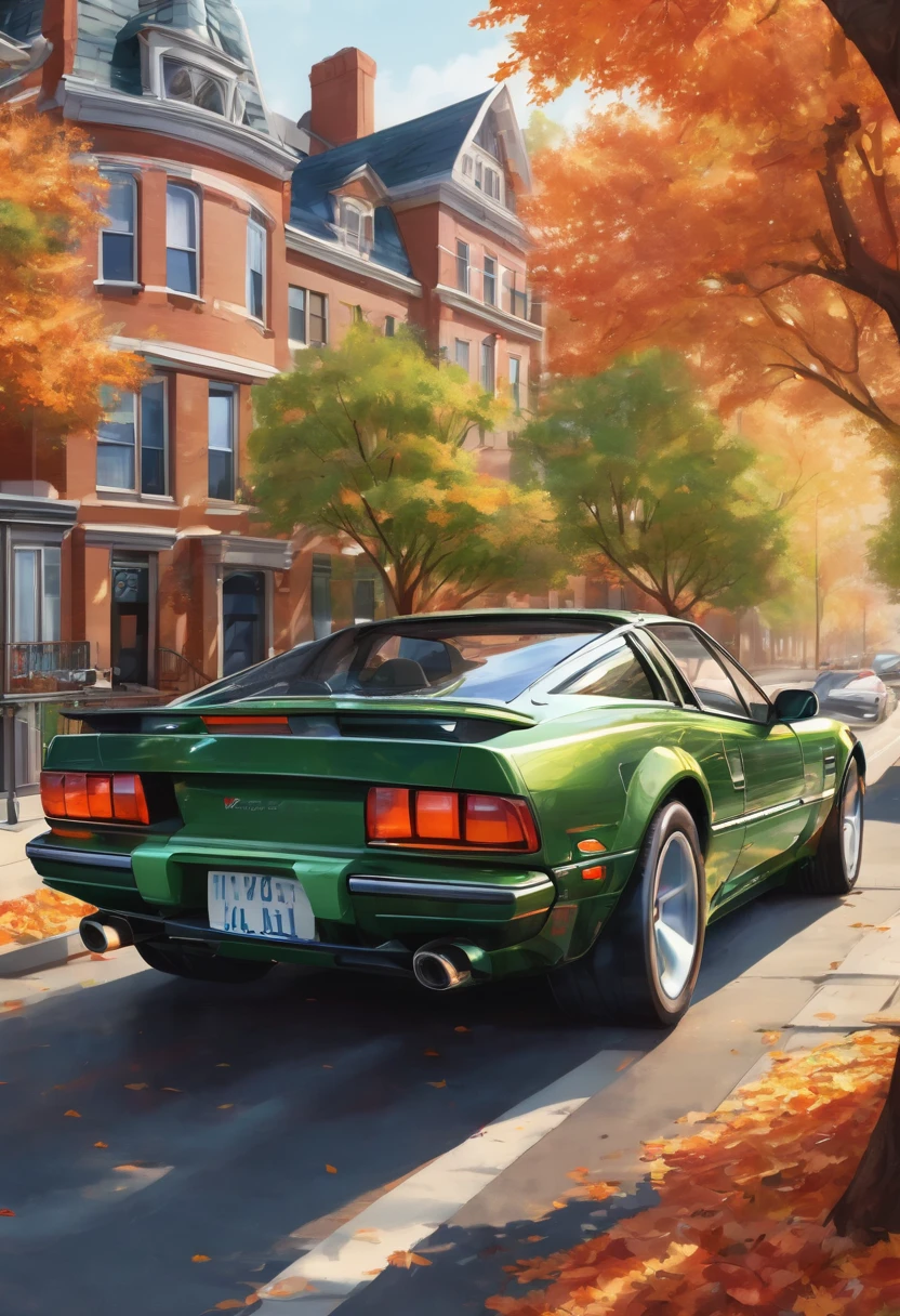Create a detailed and realistic illustration of a high-performance sports car parked on a city street. The car should have a sleek, glossy finish and reflect the bright, warm sunlight. The background includes city buildings and trees, bathed in sunlight, with a mix of green foliage and autumn leaves. Include realistic details like traffic lights, street signs, and a slight blur of fallen leaves in the foreground to add depth and a seasonal feel. The license plate should humorously read "Need for Sped" to add a playful touch. 