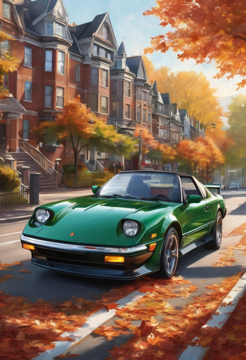 Create a detailed and realistic illustration of a high-performance sports car parked on a city street. The car should have a sleek, glossy finish and reflect the bright, warm sunlight. The background includes city buildings and trees, bathed in sunlight, with a mix of green foliage and autumn leaves. Include realistic details like traffic lights, street signs, and a slight blur of fallen leaves in the foreground to add depth and a seasonal feel. The license plate should humorously read "Need for Sped" to add a playful touch.