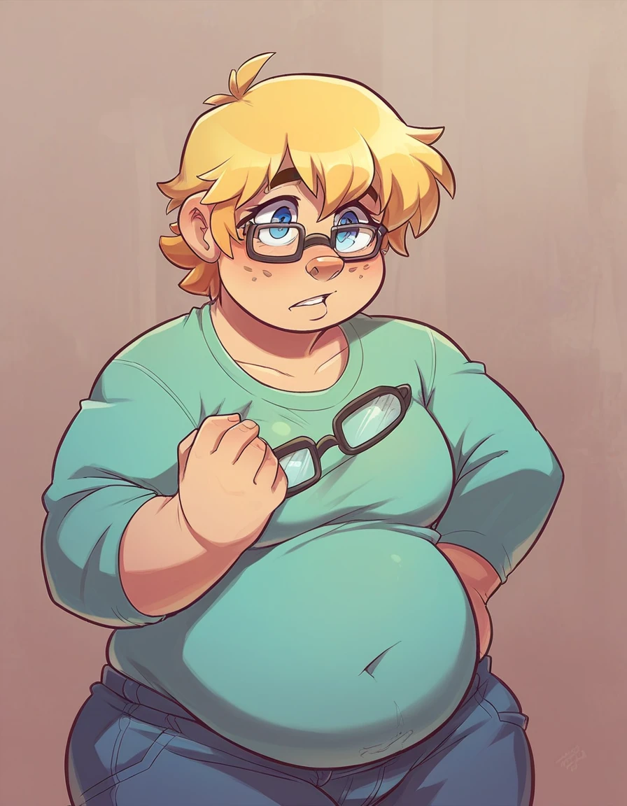 Ralph Bakshi Style, chubby big_nose dirty_blonde with small_tits and blue eyes with glasses