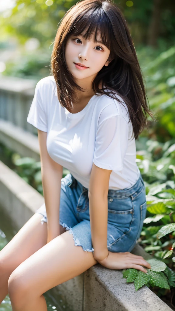 (top-quality、16K resolution) 1 girl、solo、natural soft light、Looking at the camera、sexy T-shirt、Concrete background、Facing the front、is walking、long hair、Woman in her late teens、Light bangs、short-hair、Salon model、Natural look、portlate、floated hair、Rolled hair, sexy blue jean, pink shoes, background forest,big breast , full body, sexy legs