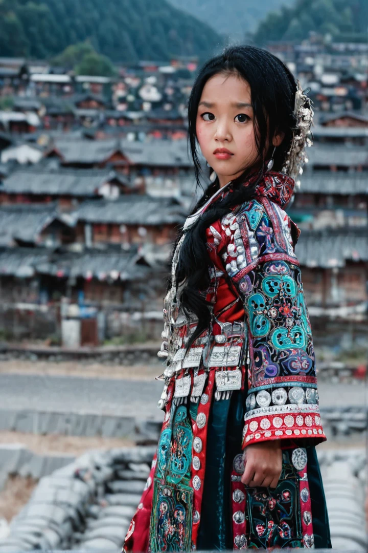 Meowz,Hmong,One girl,innocent,6 years old,Blurred background,Blurred,dress,alone focus,Have,Are standing,Long sleeve,Traditional clothing,View your viewers,red dress,Black Hair,Brown eyes,korean clothing,Depth of written boundary,alone,(,Upper Body:1.1),