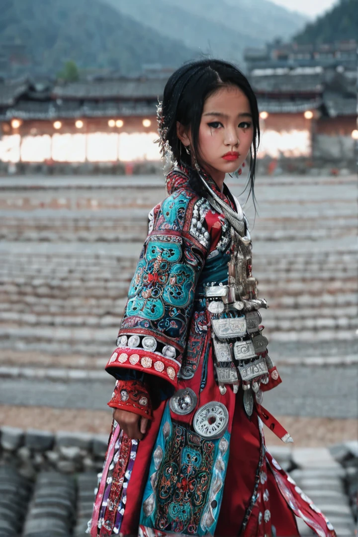 Meowz,Hmong,One girl,innocent,6 years old,Blurred background,Blurred,dress,alone focus,Have,Are standing,Long sleeve,Traditional clothing,View your viewers,red dress,Black Hair,Brown eyes,korean clothing,Depth of written boundary,alone,(,Upper Body:1.1),