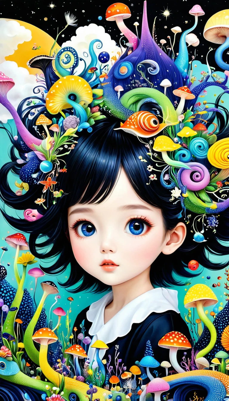 Three-dimensional painting。小女孩头上的snails房子，Spiky hair，Artists from the stars，Colorful black，A world of color，Dopamine，mouth，A cloud、snails、iris、fish、Tentacles、bird、Eye、diatom，Abstract mosaic painting，Describing the inner world of autism，Sense of space，White Space，interesting，Innocence，Psychedelic Art，Black overall