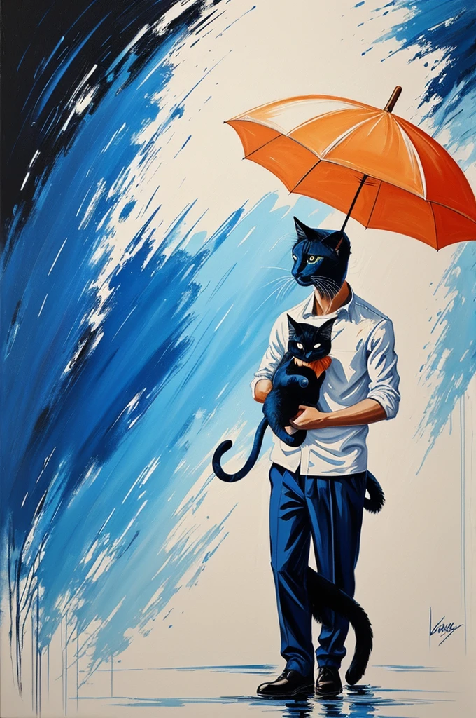 a painting of a young man holding a blue umbrella,with lead cat next to it in dynamic and fluid brush stroke style, textured canvas, elegant balance, dark orange and white, I can't believe how beautiful it is, energetic street artist --ar 73:105 --style 750 --v 6