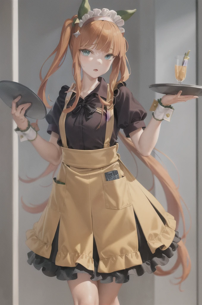 masterpiece, best quality,
silence suzuka \(umamusume\),
twintails, alternate hairstyle, waitress, alternate costume, apron, holding tray, open mouth, wrist cuffs, short sleeves, maid headdress, puffy sleeves,
black clothes,
cowboy shot,
