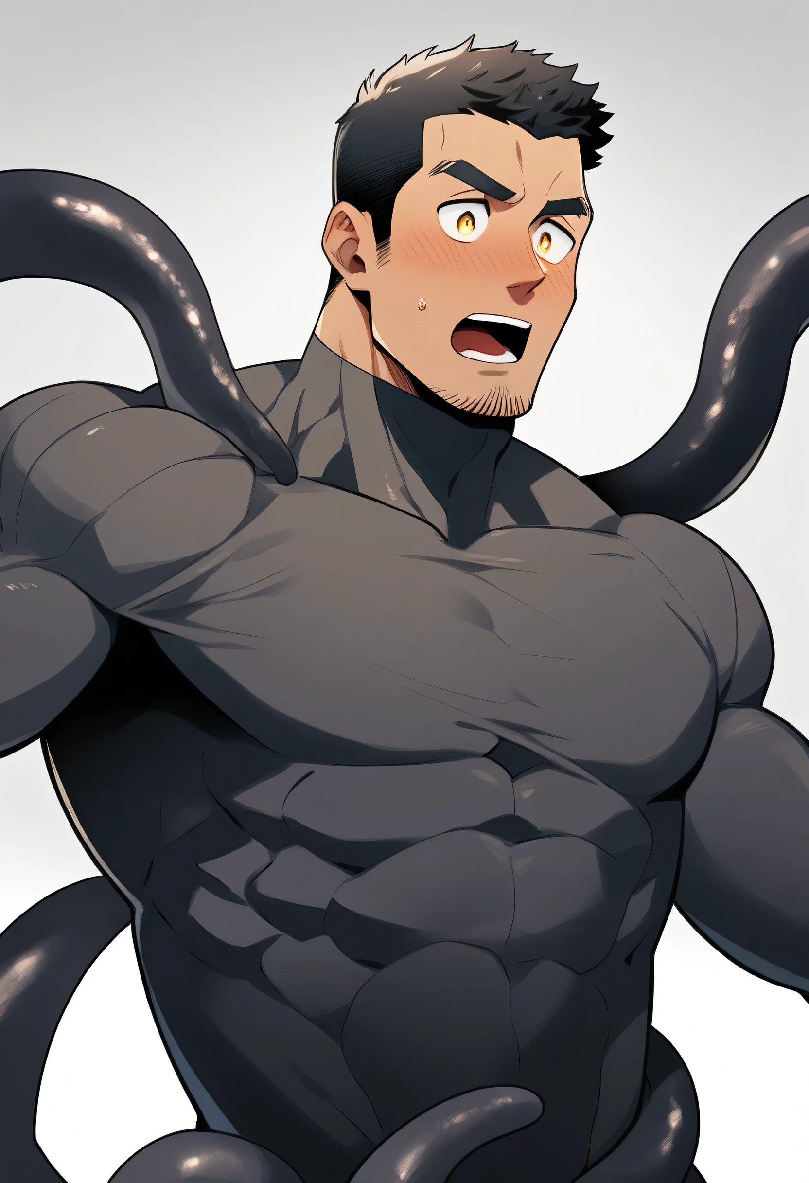 anime characters：Superhero in tights, negro black skin, He was entangled by a large number of thick black tentacles, Very stout, Lots of mucus, Wrap around the neck, Wrap around the waist, Tightly tied, Manliness, male focus, Yellow and black high collar long sleeve tight T-shirt, Slightly transparent material, Very tight, Round, full and perky chest muscles, Male dog waist, Slightly transparent, muscular male, muscular, only, Upper body, alone, Black short hair, Thick eyebrows, stubble, Yellow eyes, Grey background, simple background, amazing quality, best aesthetics, Ridiculous, bright pupils, crew cut, parted lips, blush, open mouth, scared, drop shadow, best quality