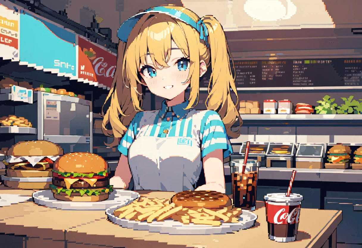 masterpiece, Highest quality, 8K, Pixel Art, Burger Shop, ((One woman)), Twin tails, visor, striped uniform, Blue AND White, mini skirt, counter, The best smile, tray, Packaged hamburger, Cola drink, potato, Inside the store, bright 