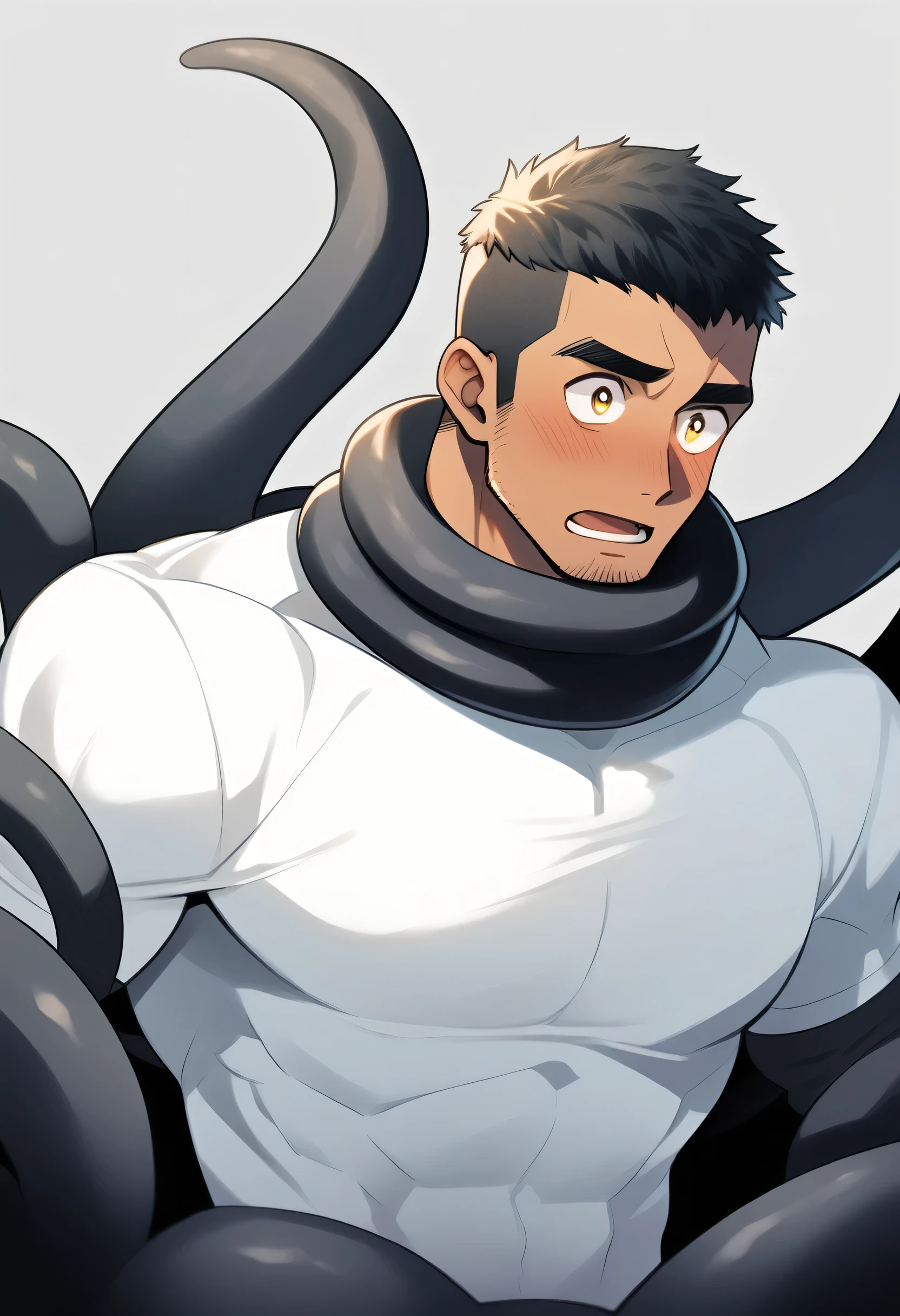 anime characters：Superhero in tights, negro black skin, He was entangled by a large number of thick black tentacles, Very stout, Lots of mucus, Wrap around the neck, Wrap around the waist, Tightly tied, Manliness, male focus, Yellow and black high collar long sleeve tight T-shirt, Slightly transparent material, Very tight, Round, full and perky chest muscles, Male dog waist, Slightly transparent, muscular male, muscular, only, Upper body, alone, Black short hair, Thick eyebrows, stubble, Yellow eyes, Grey background, simple background, amazing quality, best aesthetics, Ridiculous, bright pupils, crew cut, parted lips, blush, open mouth, scared, drop shadow, best quality