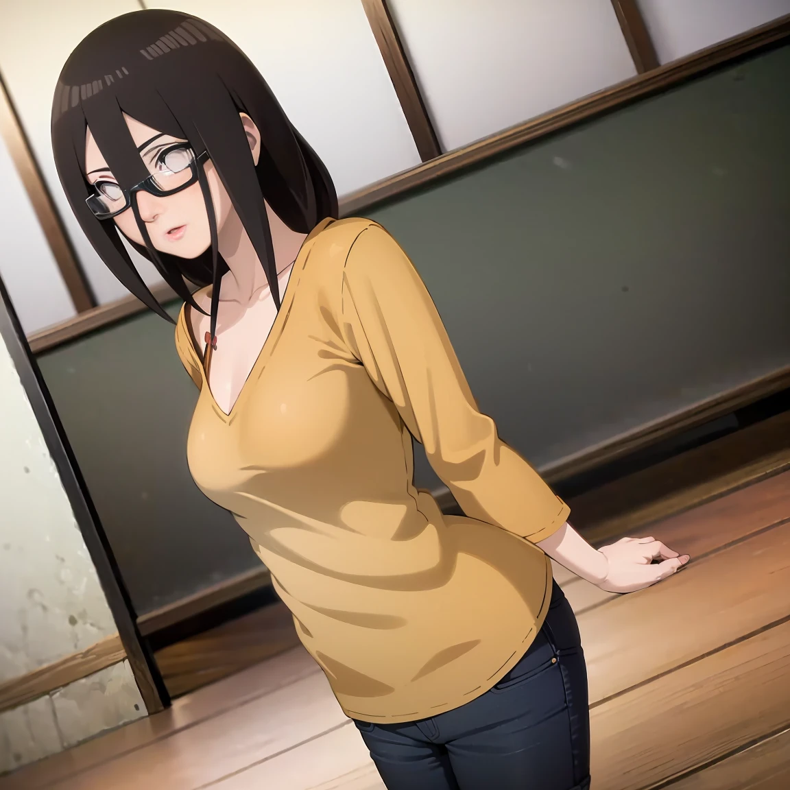 masterpiece, Very detailed, best quality, Ultra-high resolution, 1 Girl, Solitary, (completion), (small breast), breast,    (Oversized shirts，Open neckline，Black half-rimmed glasses ), (Hyuga Hanabi:1), (shorts | Pants | mini skirt), cleveage, From the front，（classroom，）