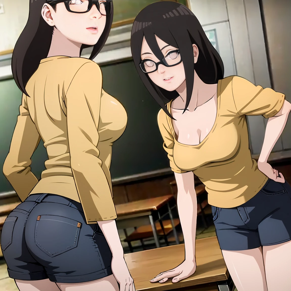 masterpiece, Very detailed, best quality, Ultra-high resolution, 1 Girl, Solitary, (completion), (small breast), breast, (Oversized shirts,Open neckline,Black half-rimmed glasses ), (Hyuga Hanabi:1), (shorts | Pants | mini skirt), cleveage, From the front,(classroom,)