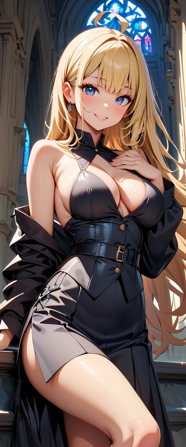 (Highest quality:1.2, Very detailed, up to date, Vibrant, Ultra-high resolution, High Contrast, masterpiece:1.2, Highest quality, Best aesthetics), (Small face), (Very detailedな肌:1.2), One Woman, (blonde, Long Hair, Ahoge, blue eyes), (Slim figure:1.4, Woman with slim body and large breasts), Beautiful Eyes, Glossy Lips, Glowing Skin, Beautiful thighs, ((smile)), ((Random Pause:1.4)), (Off the shoulder, elegant black dress, Corset belt, Jewelry Products, Beautiful buttons, Long skirt with high waist, Dress designs that accentuate the bust), (Sexy Body), Perfect Fingers, Five Fingers, (church, Stained glass, Beautiful light), Background Blur,