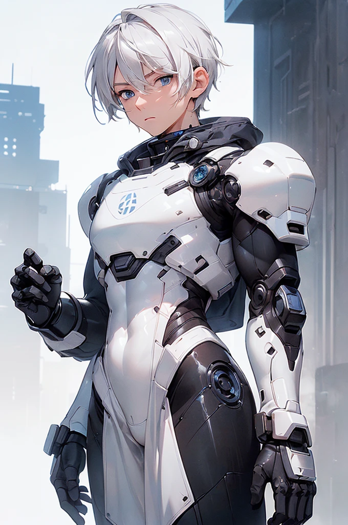 (((masterpiece; best quality: 1.2))), (finely detailed eyes: 1.3), (25 year old man), (solo), (blue eyes: 1.4), (body; toned, fit, masculine: 1.3), (short white hair: 1.3), (beautiful and clear background: 1.2), ((depth of field)), (equipment: black-and-white mechpilot bodysuit + black gloves: 1.3), (anime illustration: 1.2), (background composition; hangar: 1.1), (extremely fine and beautiful: 1.1), (shot composition; standing + centered on torso + close-up: 1.5), (expression; calm, stoic: 1.2)