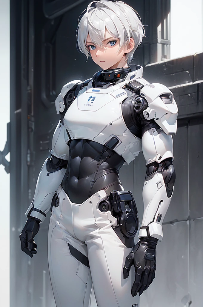 (((masterpiece; best quality: 1.2))), (finely detailed eyes: 1.3), (25 year old man), (solo), (blue eyes: 1.4), (body; toned, fit, masculine: 1.3), (short white hair: 1.3), (beautiful and clear background: 1.2), ((depth of field)), (equipment: black-and-white mechpilot bodysuit + black gloves: 1.3), (anime illustration: 1.2), (background composition; hangar: 1.1), (extremely fine and beautiful: 1.1), (shot composition; standing + centered on torso + close-up: 1.5), (expression; calm, stoic: 1.2)