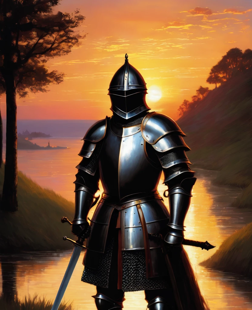 A knight with his sword at sunset