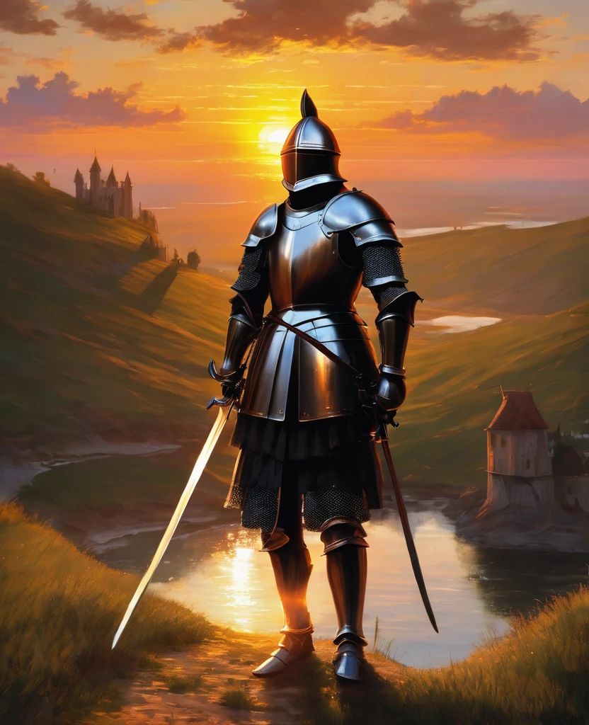 A knight with his sword at sunset