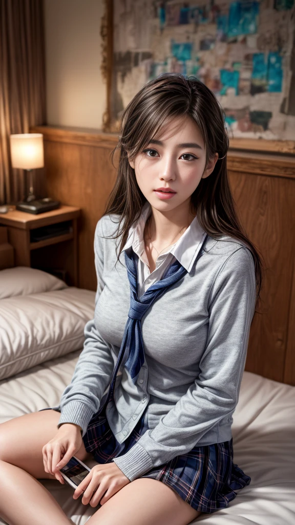 ((Listening to music through headphoneessy room))、((On the bed in my room))、(high school girl)、Big Breasts、(Schoolgirl uniform)、itting cross-legged))、4K, Realistic,Very detailed、((Delicate painting)),(Detailed RAW photos of girls), (Masterpiece:1.25), (Highest quality:1.6), (Ultra-high resolution:1.5), (Realistic:1.75), 8K resolution,:1.6), Canon EOS R5, 50mm,Very detailedな,Cinema Lighting